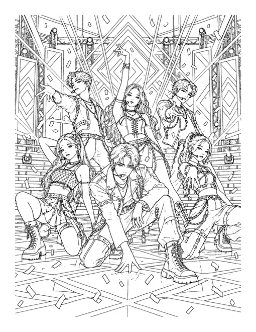 Six group members caught mid-choreography on a patterned stage with laser beams, LED panels and confetti, coloring page