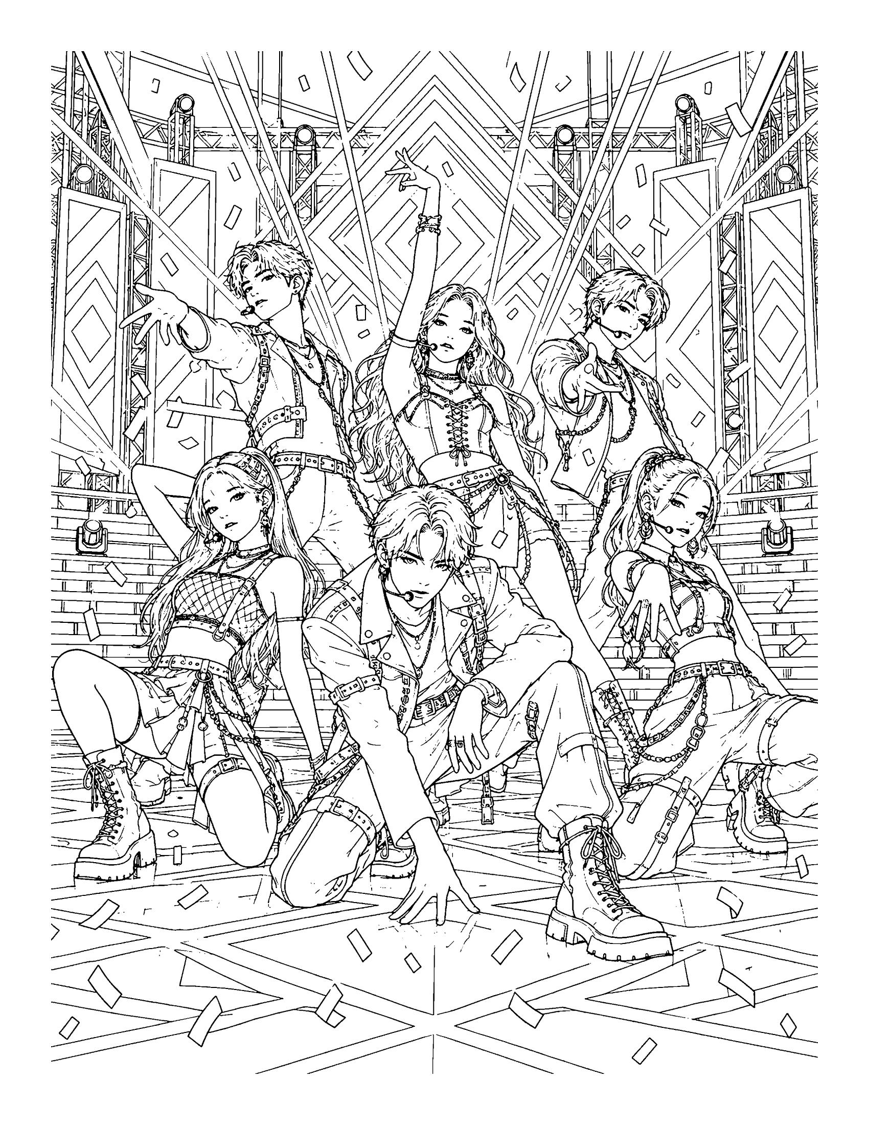 Six group members caught mid-choreography on a patterned stage with laser beams, LED panels and confetti, coloring page
