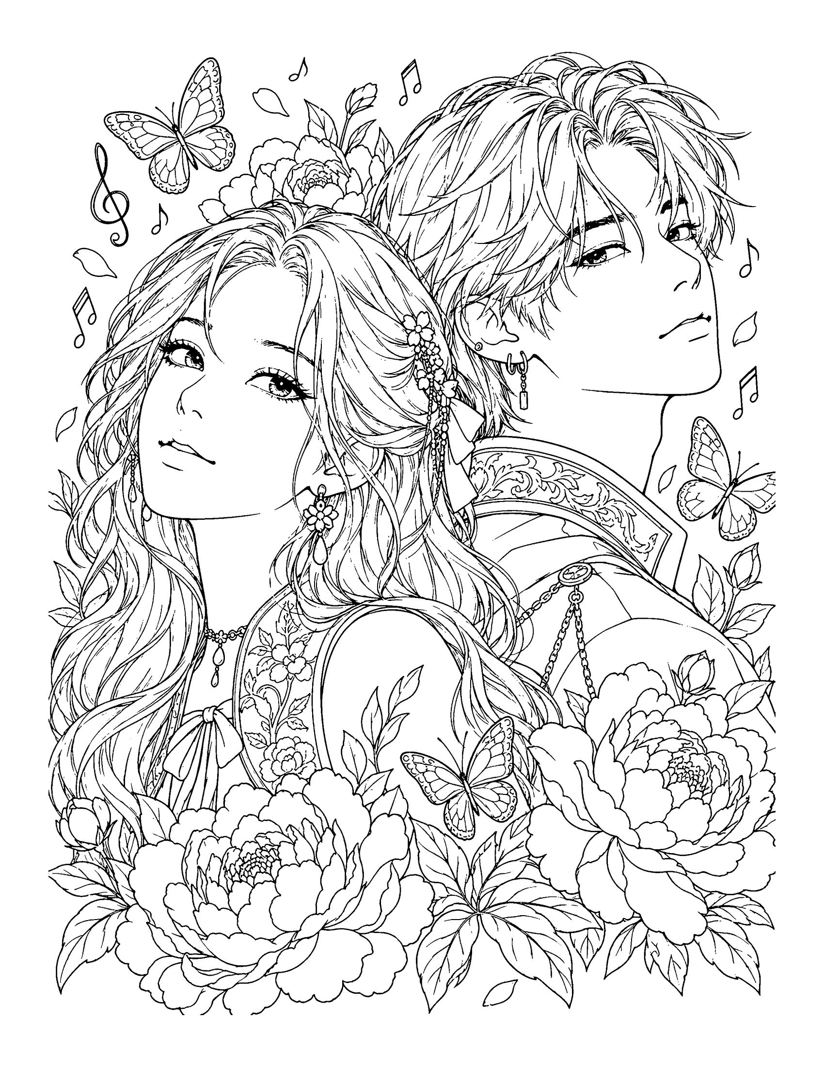 Two idols back to back from the shoulders up, with flowing hair and patterned collars, framed by peonies and butterflies, coloring page