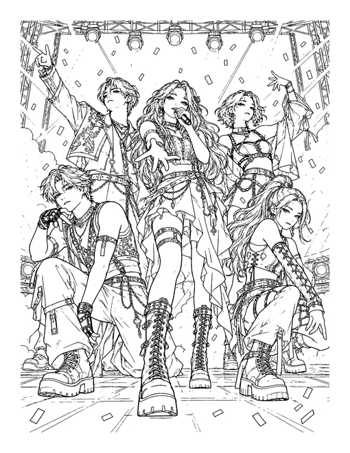Detailed five-member K-pop group in a dramatic pose on stage with lights and confetti, coloring page for adults