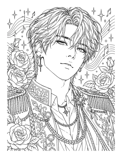 A close-up portrait of an idol with layered hair and an ornate embroidered jacket, framed by roses, stars and sound waves, coloring page