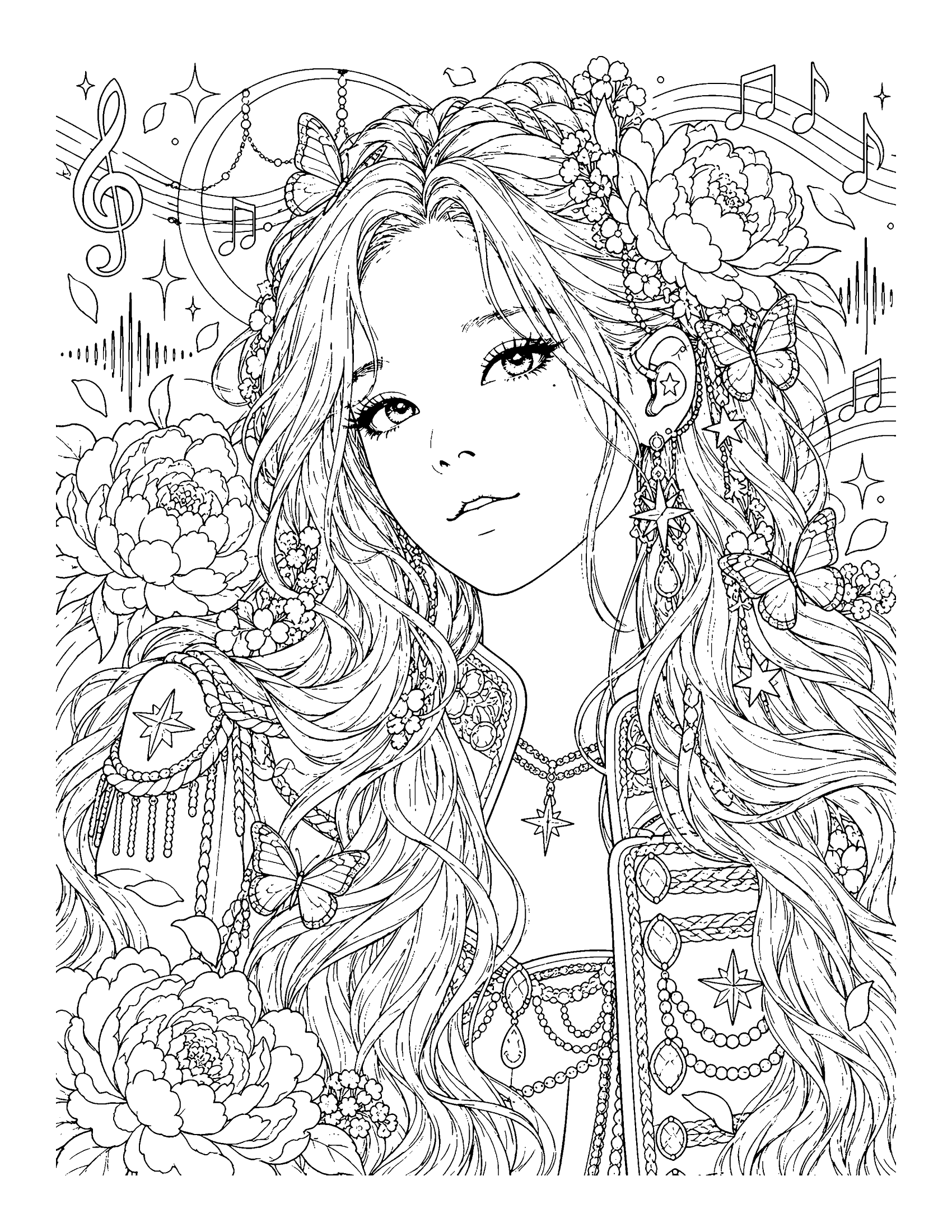 Detailed portrait of a K-pop idol with long flowing hair full of flowers and butterflies, with peonies and music notes, coloring page for adults