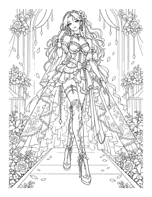 A full-length fashion page: an idol in a couture stage outfit with ruffles, lace, beads and a long patterned cape, coloring page