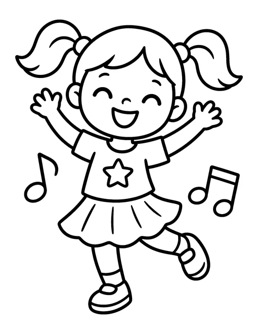 A simple dancer with two pigtails throws both arms up, in a star t-shirt, with two big music notes, coloring page