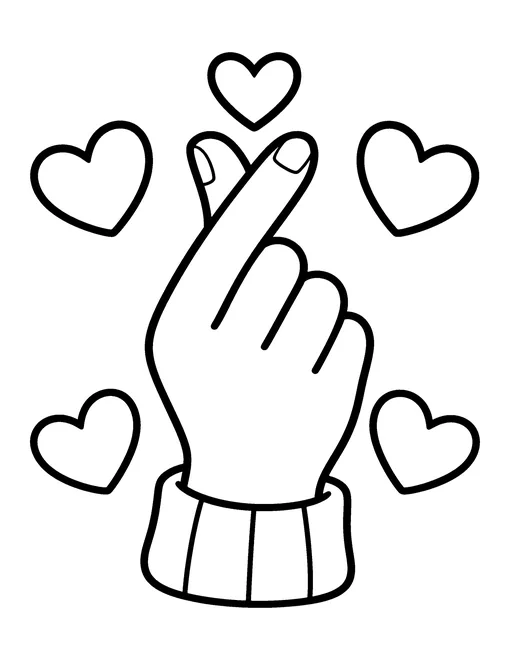 Hand making a Korean finger heart with five hearts around it, easy coloring page