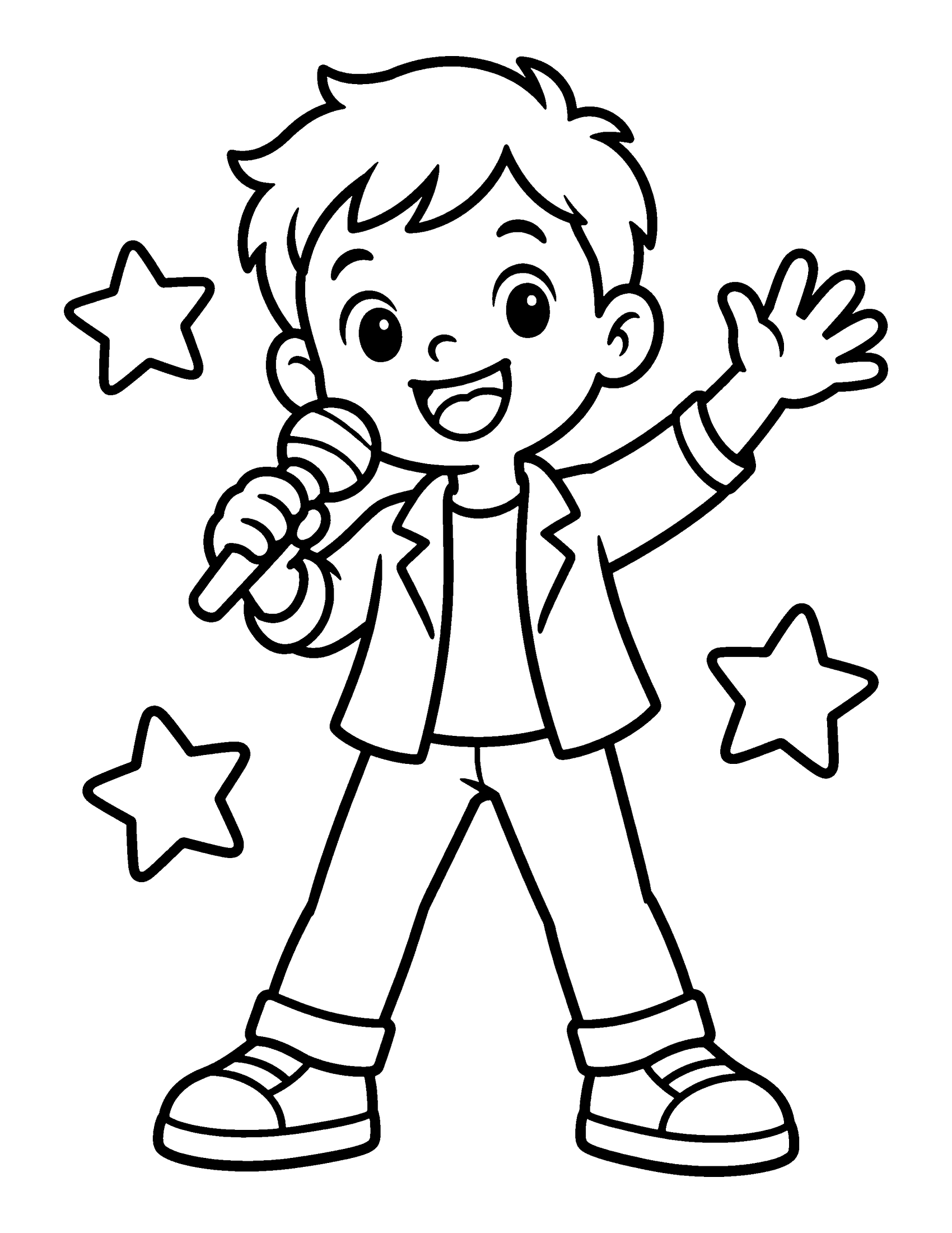 A simple singer with short hair waves and holds a microphone, with three big stars, coloring page