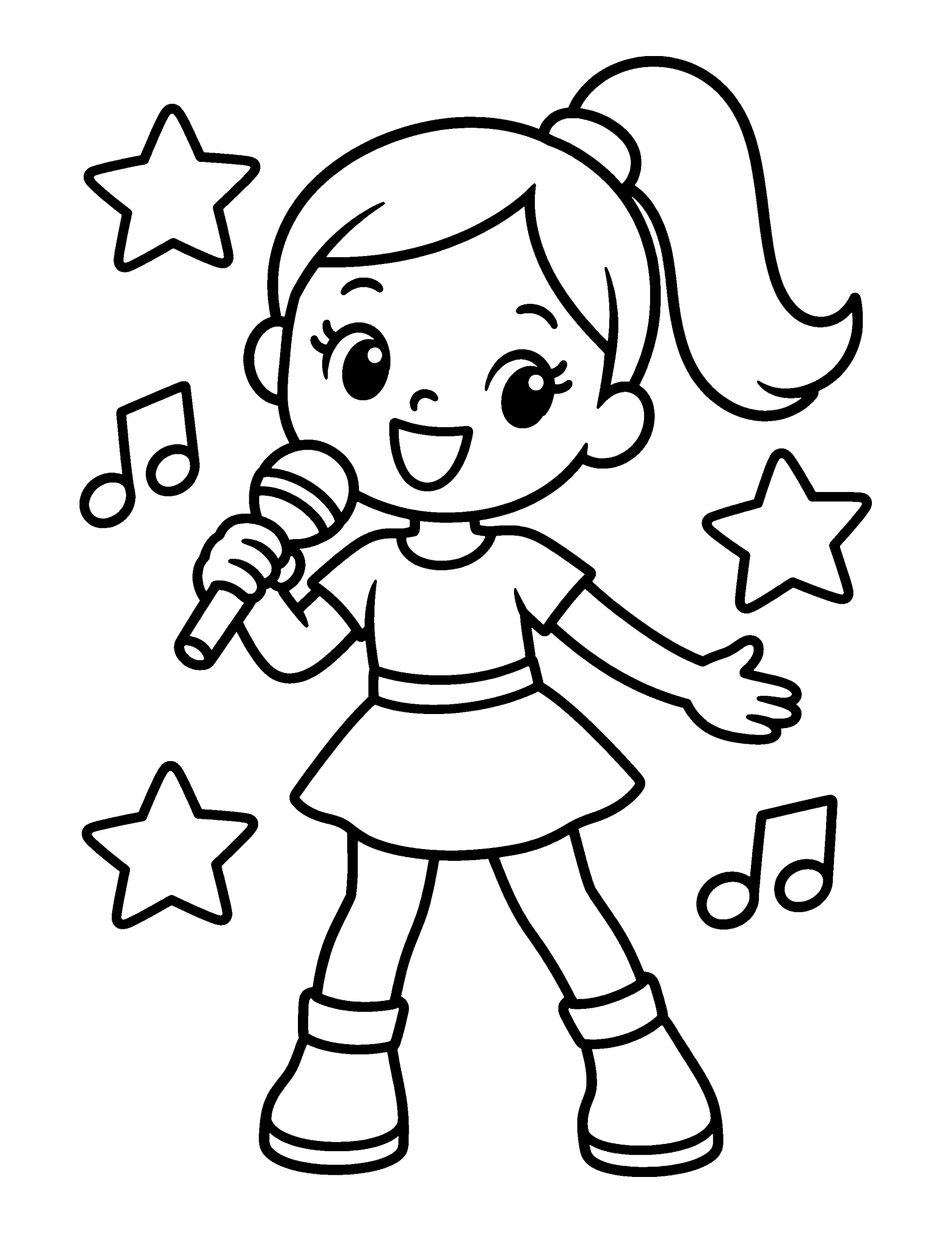 Very simple cartoon pop singer with a ponytail holding a microphone, with big stars and music notes, easy coloring page