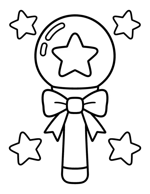 One big light stick with a star in its globe and a bow on the handle, with four big stars, coloring page
