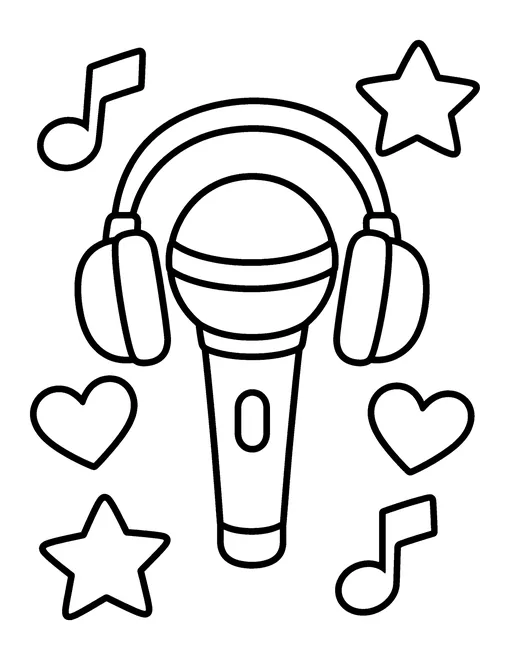 Very simple microphone with headphones, stars, hearts and music notes, easy coloring page