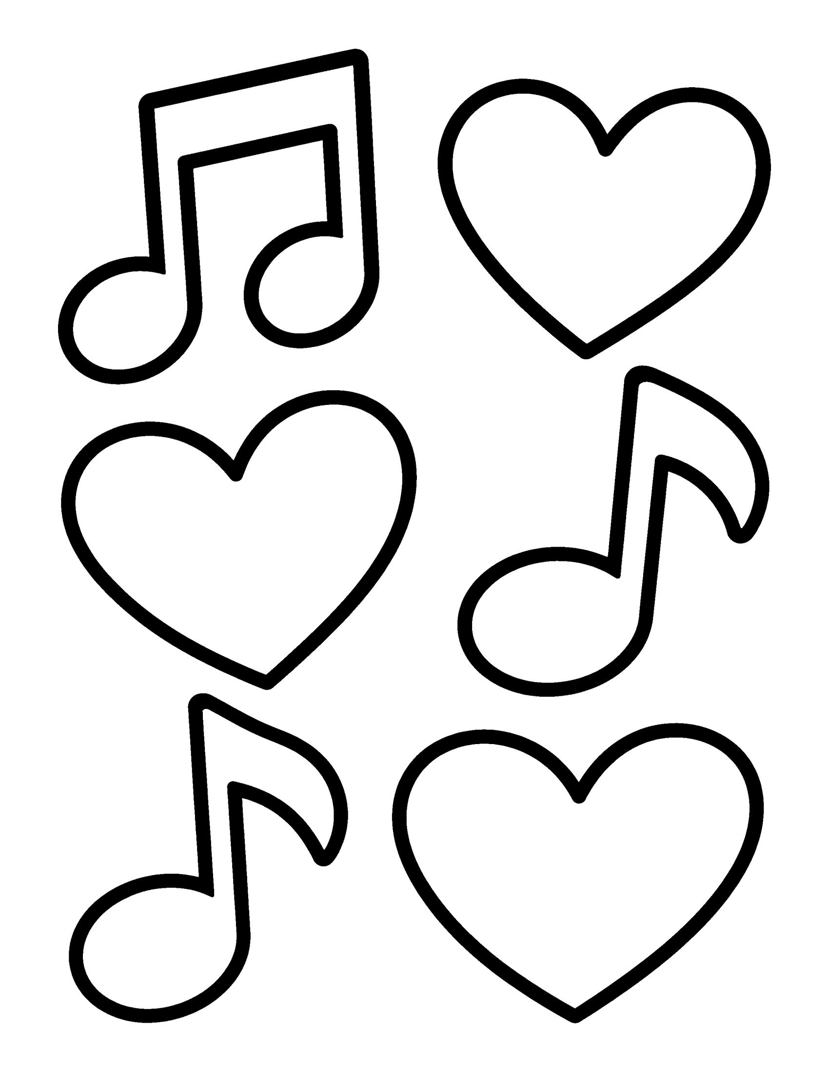 Big music notes and big hearts with very thick outlines, for the youngest fans, coloring page
