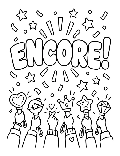 ENCORE! in huge bubble letters above a row of raised hands with light sticks, coloring page