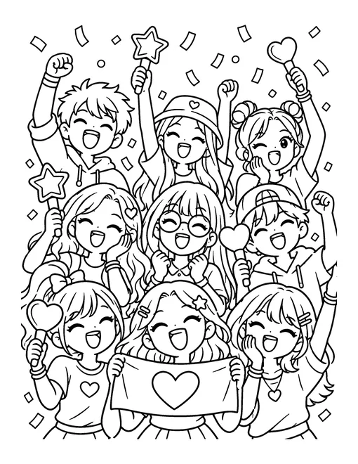 A row of cheering fans holds up star and heart light sticks and a heart banner, coloring page
