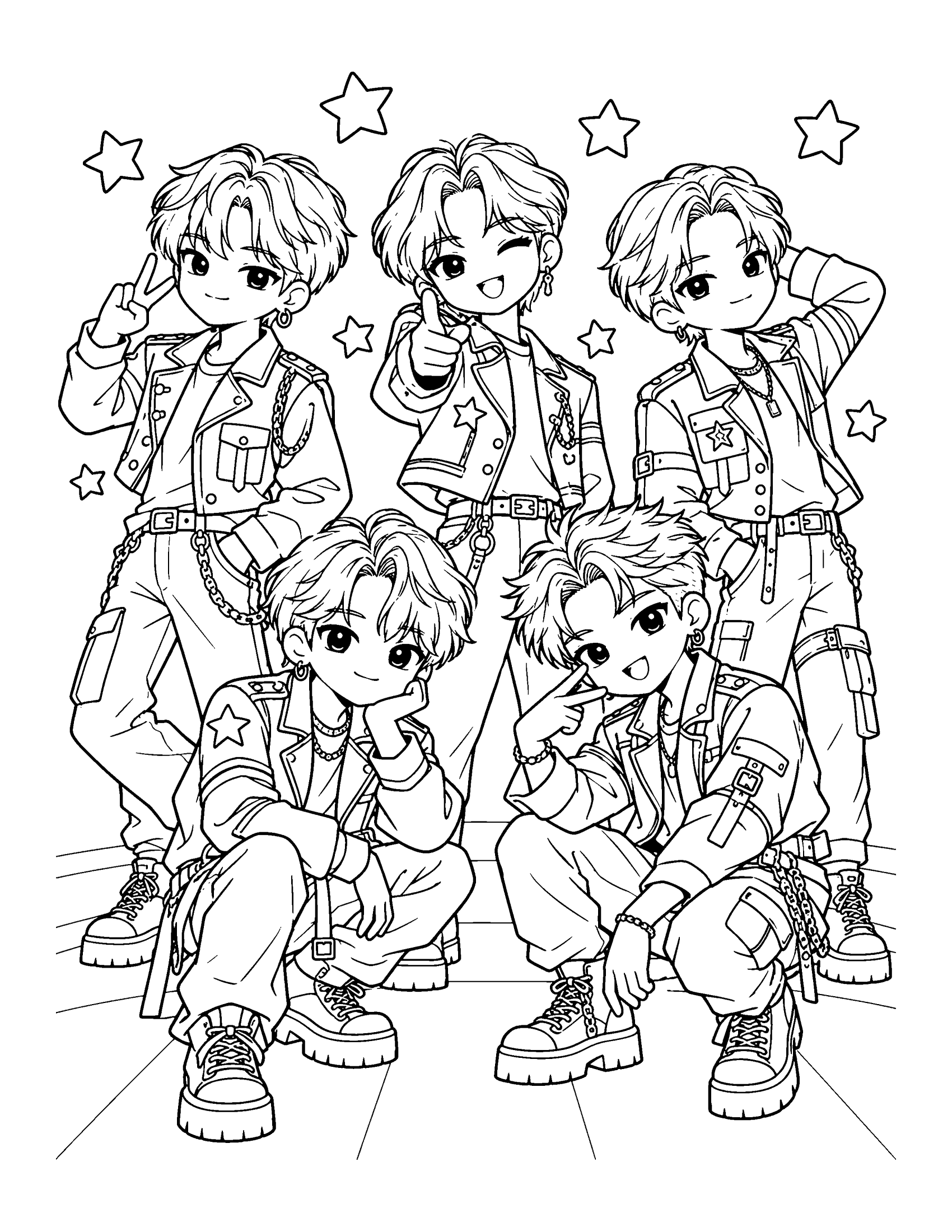 Five boy group members pose like an album cover, some standing and some crouching, in matching jackets, coloring page