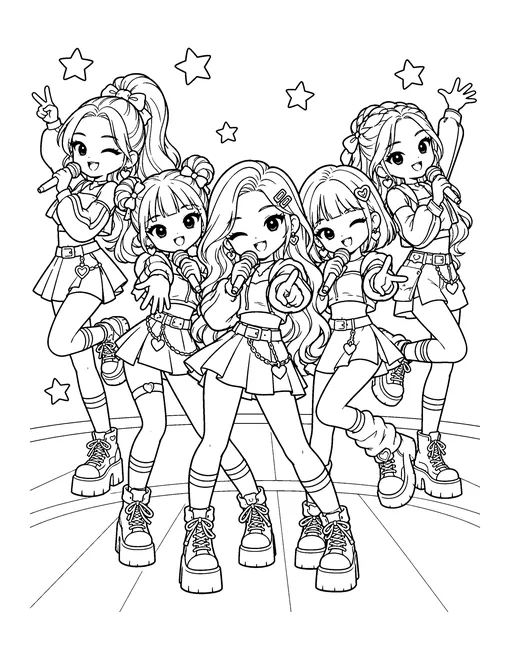 Five group members hold a V-shaped dance formation in matching sporty stage outfits, coloring page