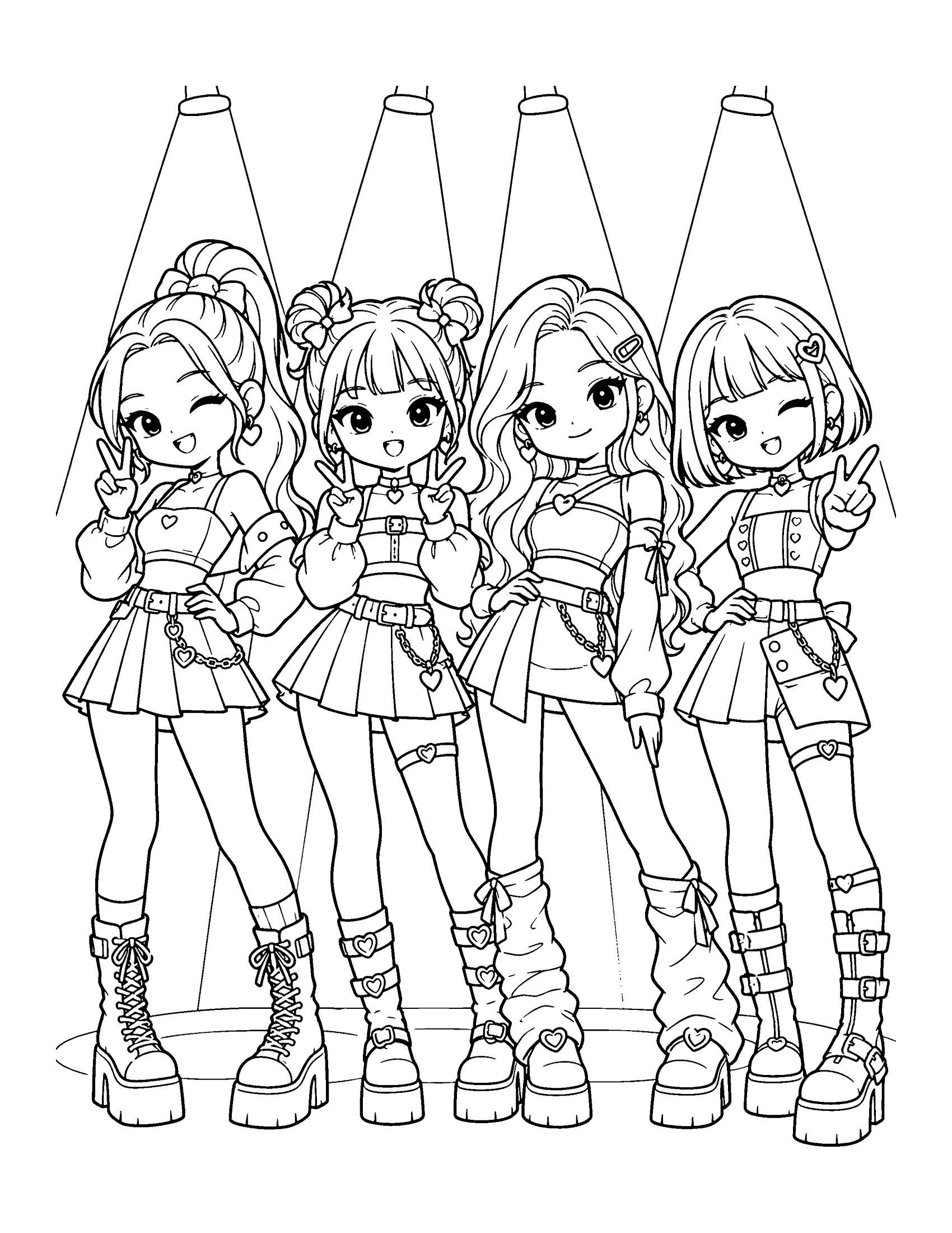 Four group members pose in a line in coordinated outfits, each with her own hairstyle and pose, coloring page