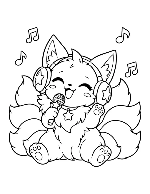 A chubby nine-tailed fox cub in big headphones holds a tiny microphone, coloring page