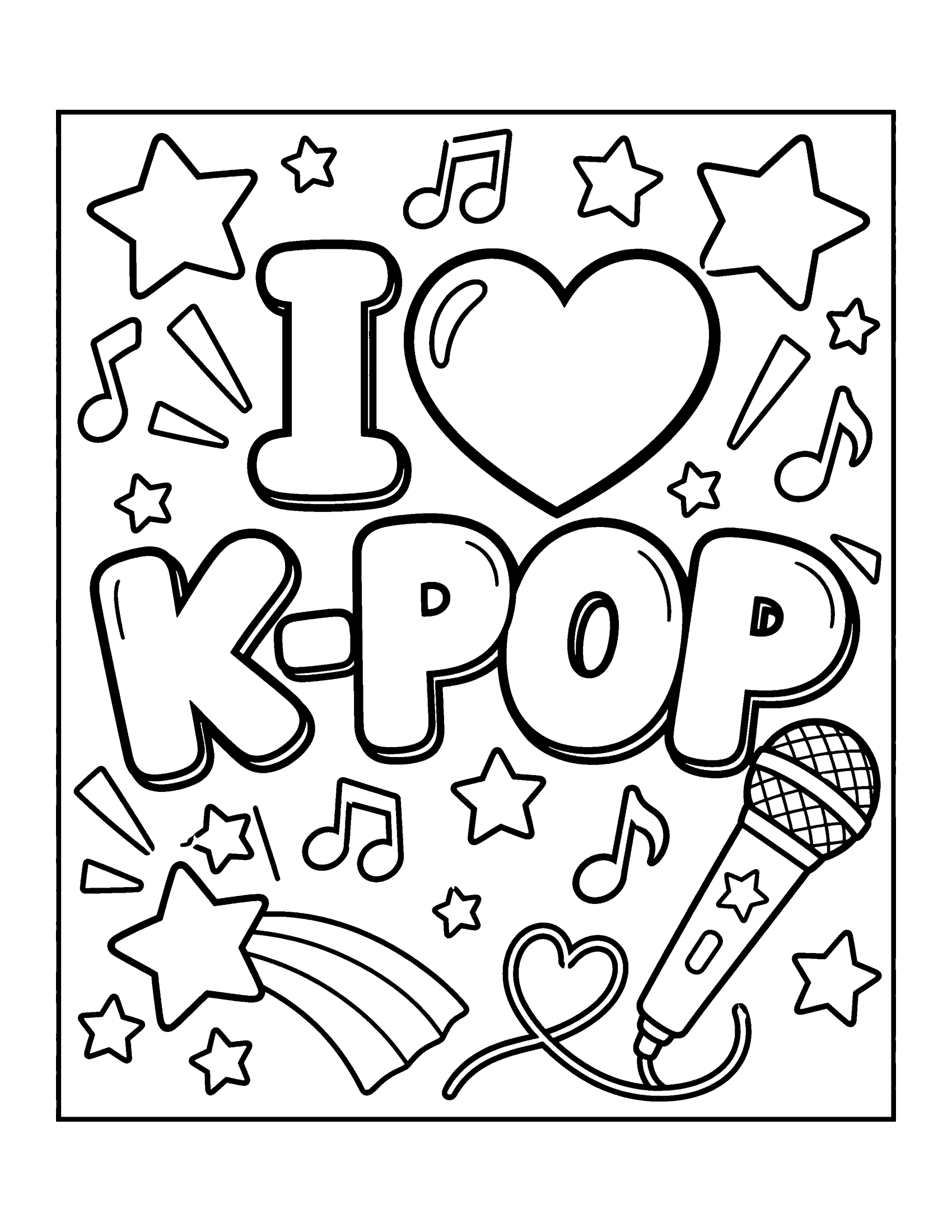 A poster that says I, a big heart, and K-POP in bubble letters, with music notes, stars and a microphone, coloring page