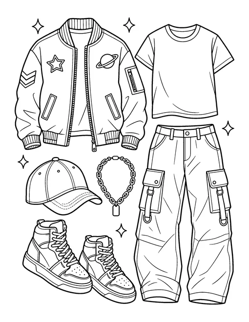 A boy idol stage outfit laid out piece by piece: bomber jacket, t-shirt, cargo trousers, high-tops, cap and chain, coloring page