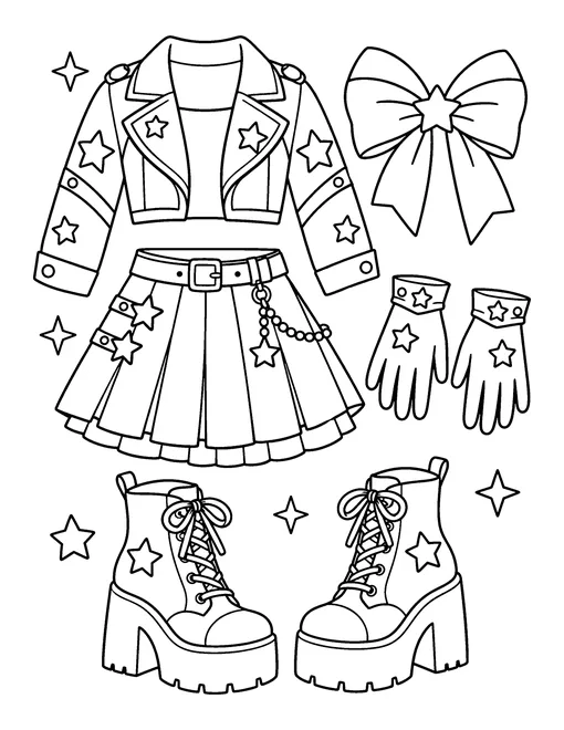 A girl idol stage outfit laid out piece by piece: jacket, skirt, chain belt, platform boots, gloves and a hair bow, coloring page