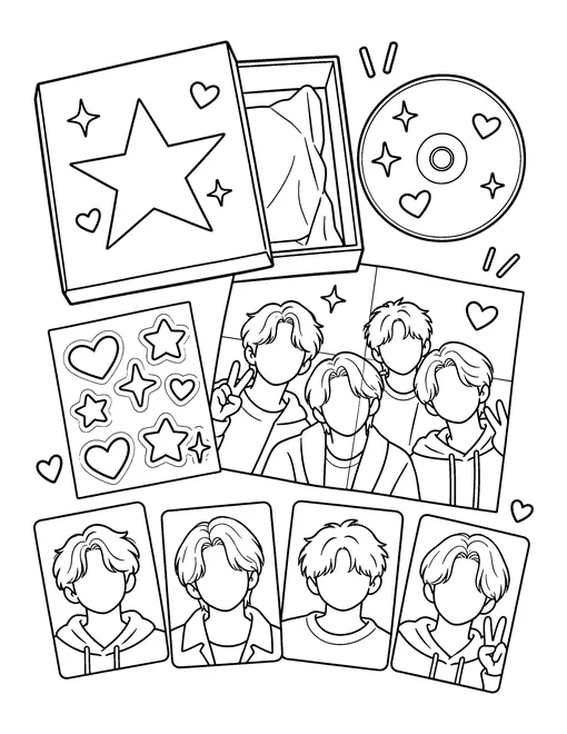 An album unboxing: the box, a CD, a poster, a sticker sheet and four blank photocards to draw your own idols on, coloring page