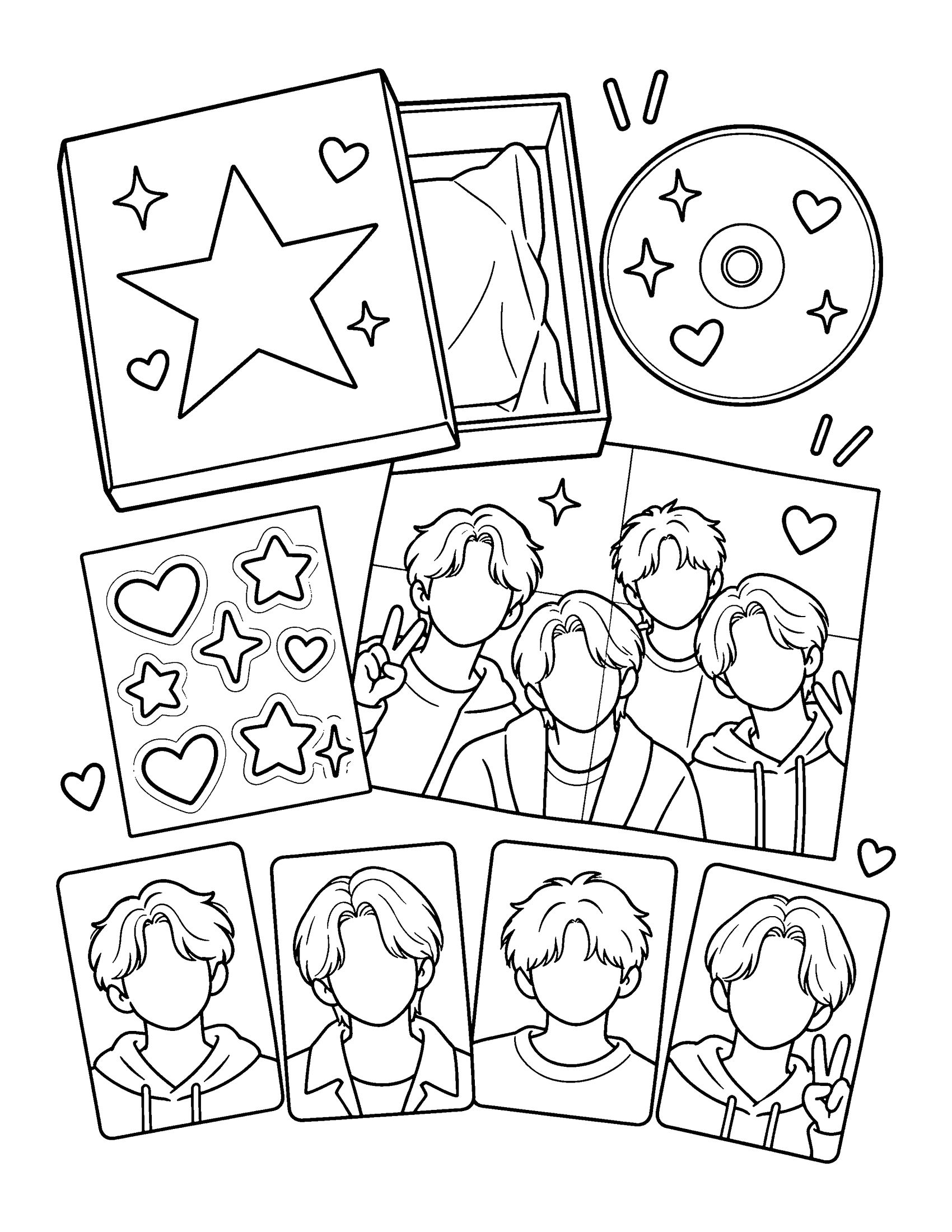 An album unboxing: the box, a CD, a poster, a sticker sheet and four blank photocards to draw your own idols on, coloring page