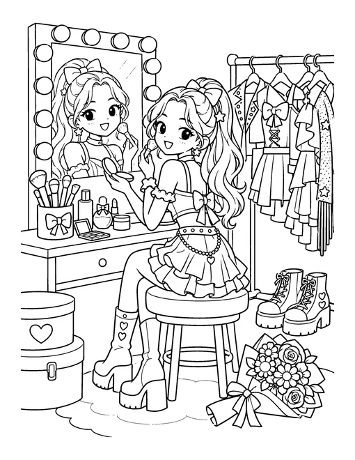 An idol gets ready at a mirror ringed with light bulbs, next to a rack of stage outfits and a bouquet, coloring page