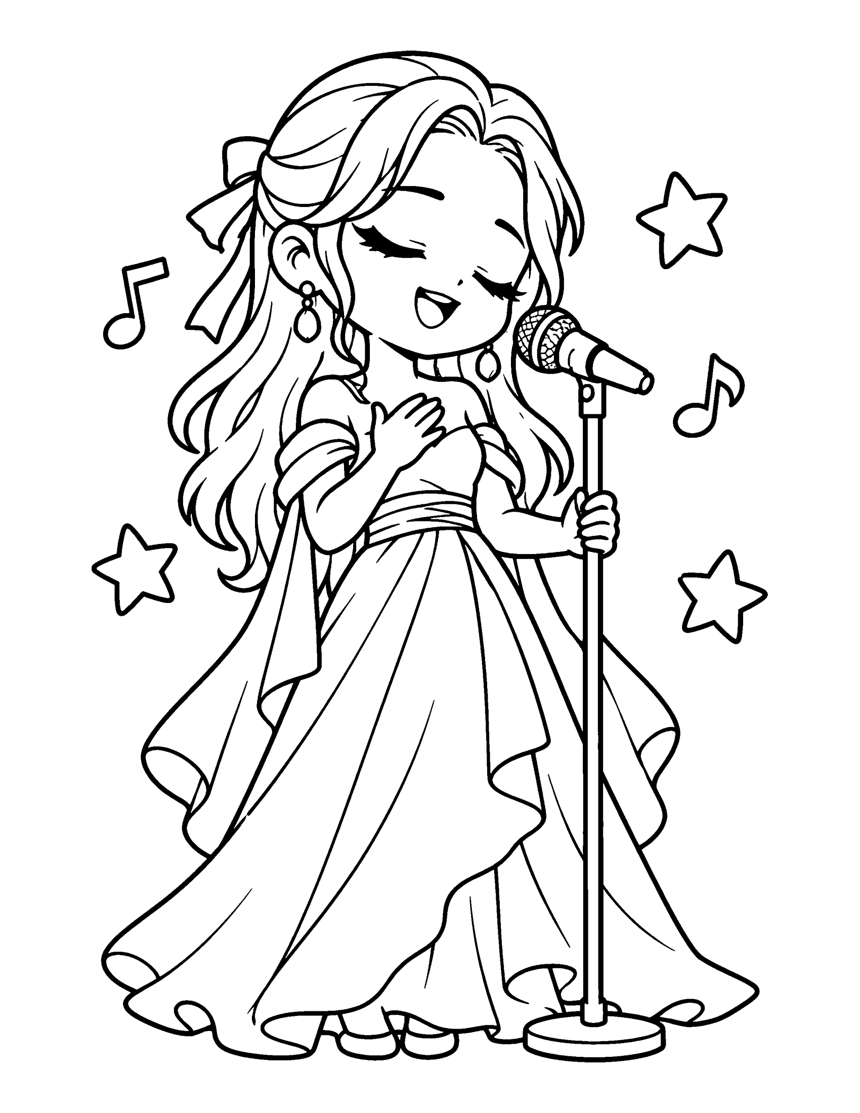 A ballad singer in a long dress stands at a microphone stand with her eyes closed and one hand on her heart, coloring page