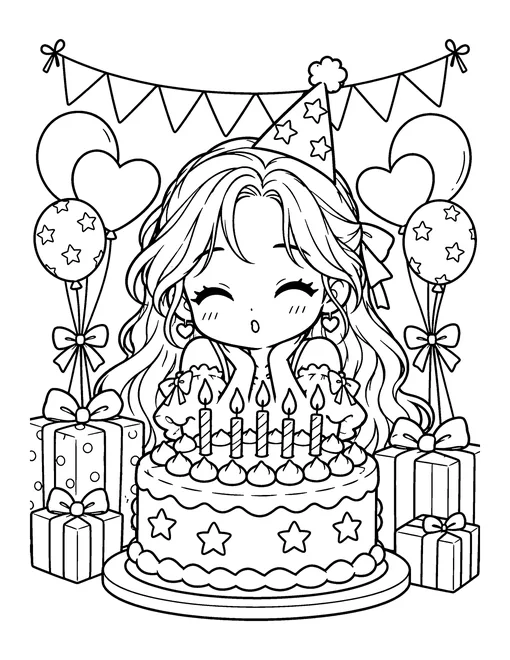 An idol in a party hat blows out the candles on a star-covered birthday cake, with balloons and presents, coloring page