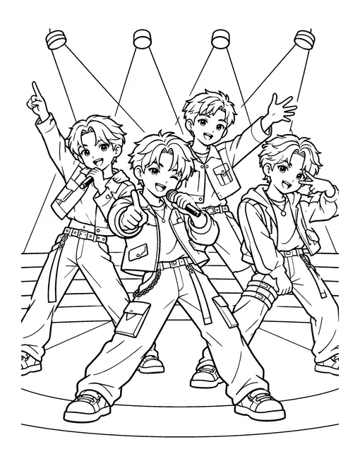 Four original cartoon K-pop boy group members dancing in formation on stage under spotlights, coloring page
