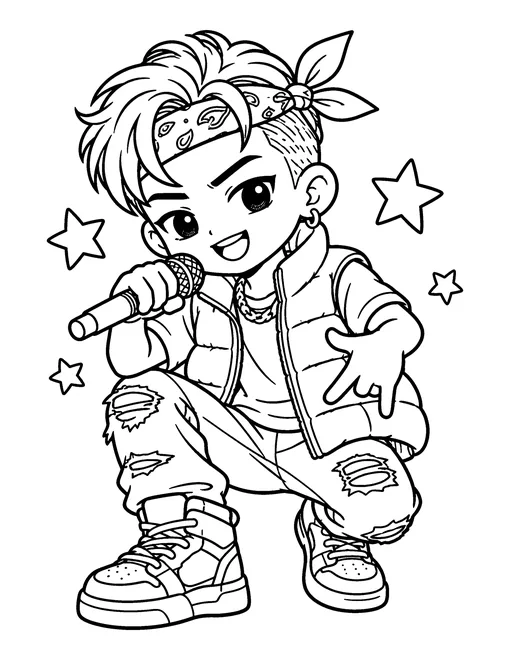 A boy rapper with an undercut and a bandana crouches with his microphone, in a puffer vest, ripped jeans and high-tops, coloring page