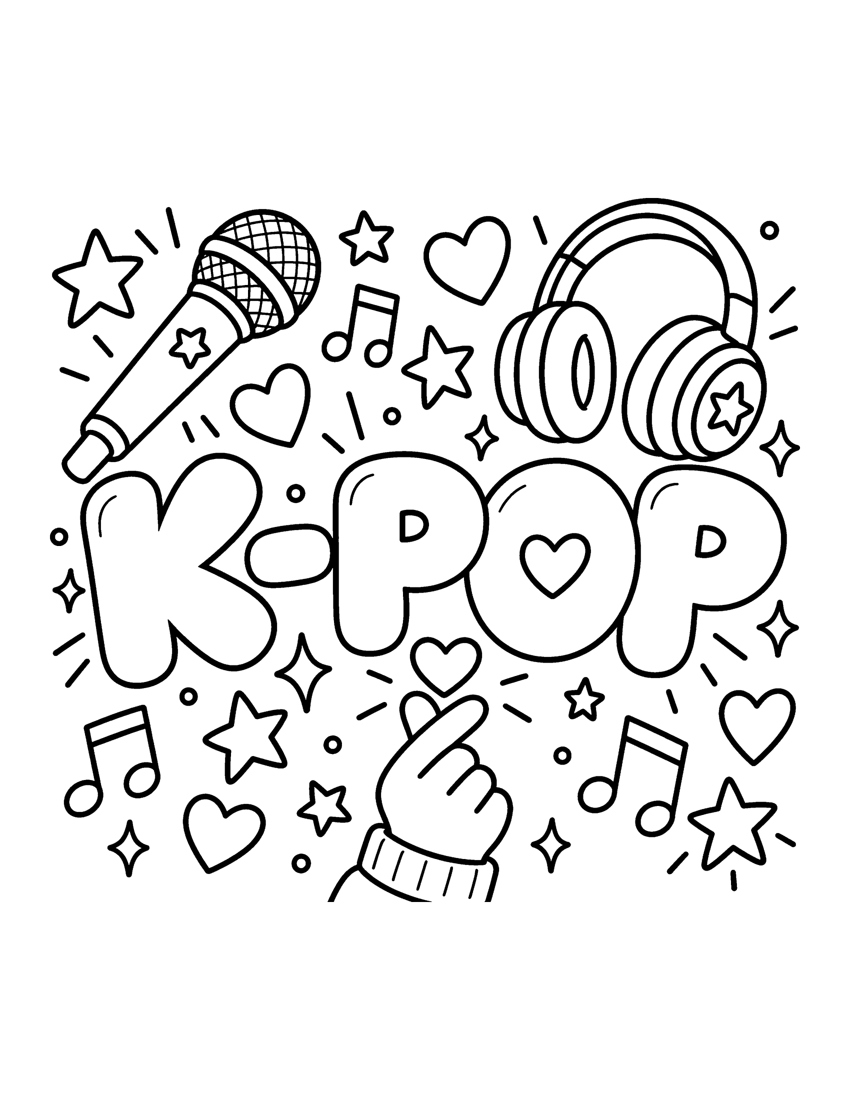 The word K-POP in bubble letters with a finger heart, a microphone, headphones, music notes and stars, coloring page