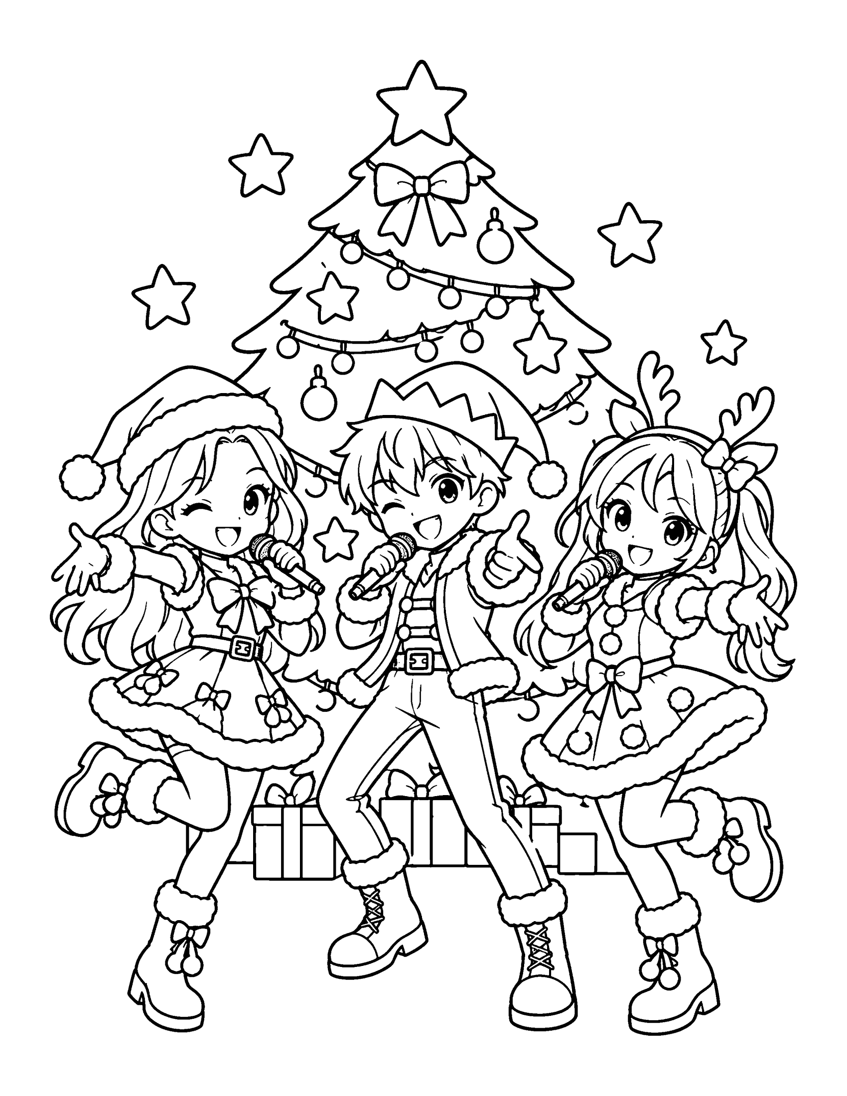 Three cartoon K-pop singers in Santa, elf and reindeer outfits dancing in front of a Christmas tree, coloring page