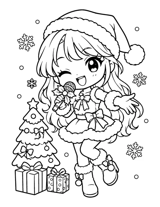 Cartoon K-pop idol girl in a Santa hat singing next to a small Christmas tree and presents with snowflakes, coloring page