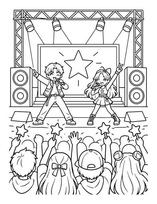 K-pop concert seen from the crowd with two singers on stage, speakers, spotlights and fans holding star light sticks, coloring page