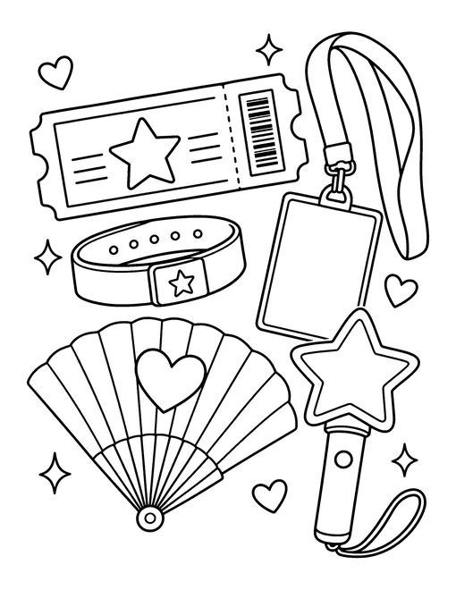 A concert kit: a star ticket, a lanyard with a blank pass, a wristband, a heart hand fan and a small light stick, coloring page