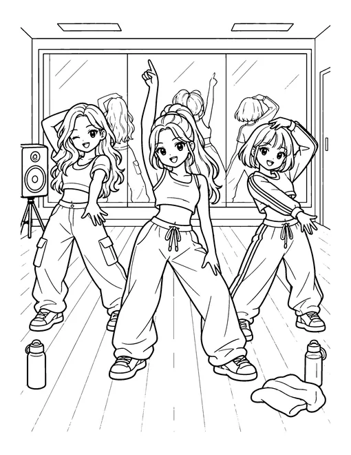 Three trainees practise a routine in front of the big mirror of a dance studio, with water bottles and a speaker on the floor, coloring page