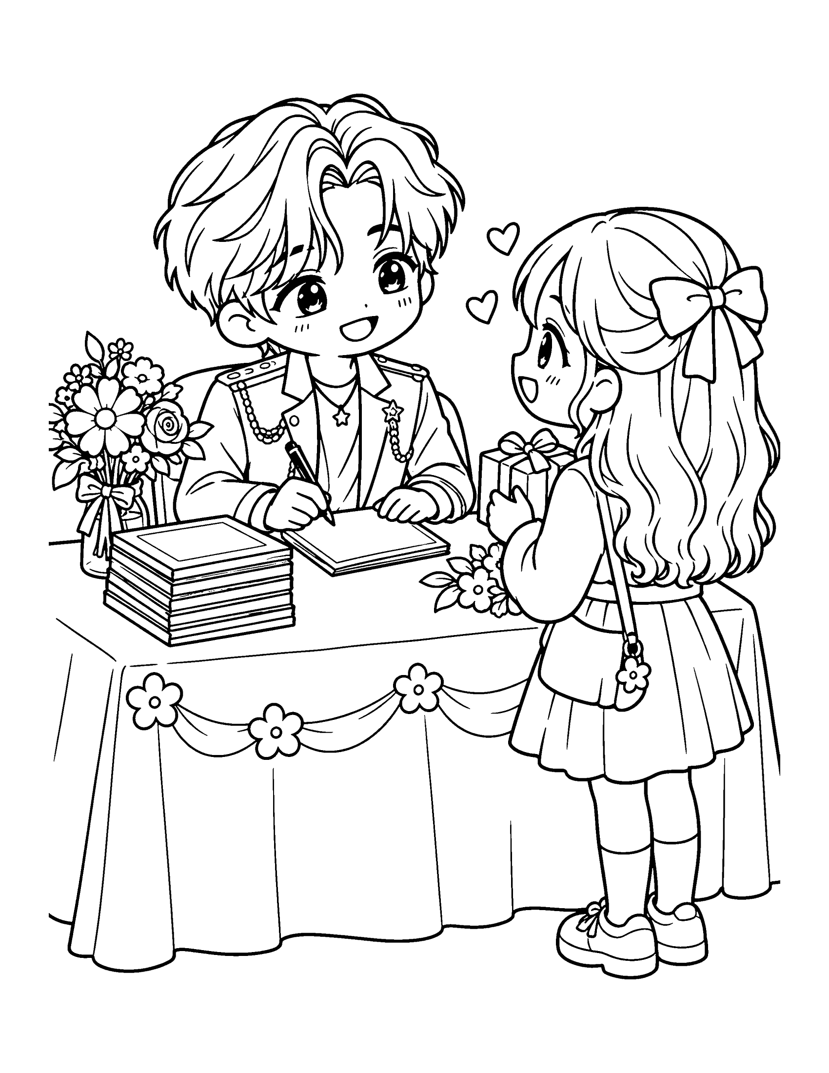 An idol signs an album at a fan sign table while a young fan waits with a small gift, coloring page