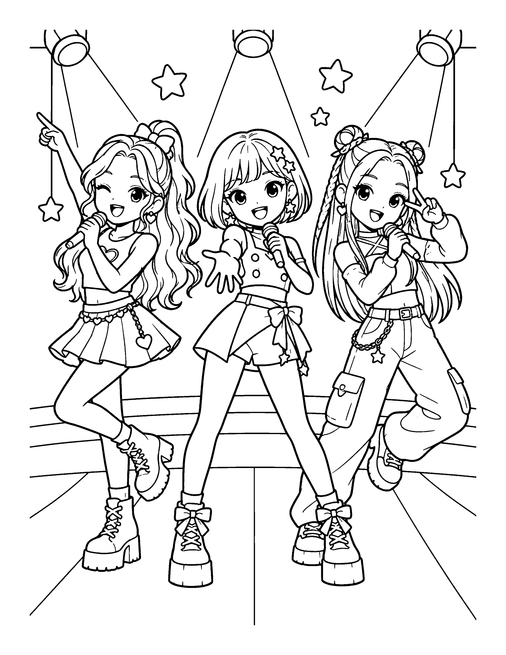 Three original cartoon K-pop girl group singers posing on stage with microphones under spotlights, coloring page