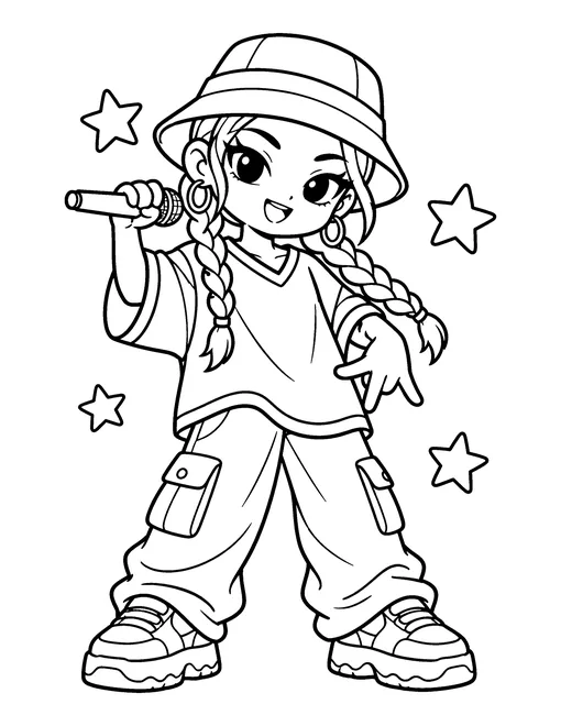 A girl rapper with braids and a bucket hat holds her microphone sideways, in an oversized jersey, cargo pants and chunky sneakers, coloring page