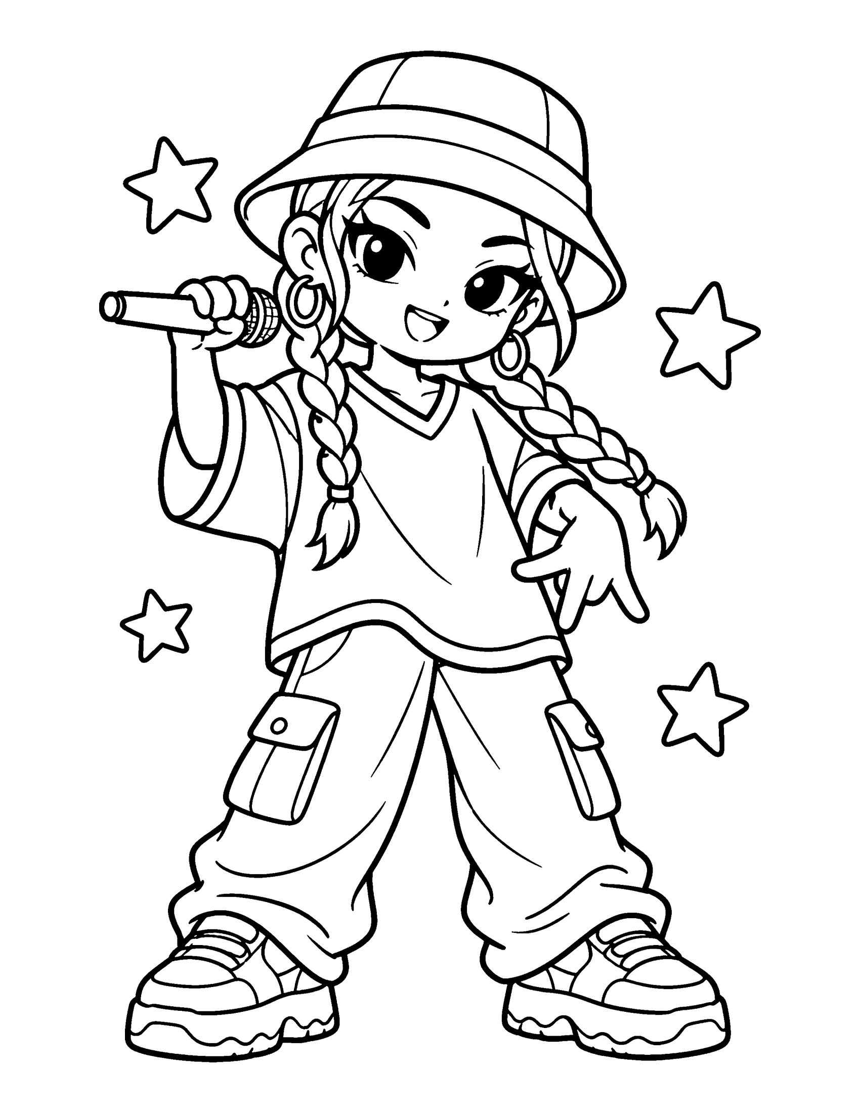A girl rapper with braids and a bucket hat holds her microphone sideways, in an oversized jersey, cargo pants and chunky sneakers, coloring page