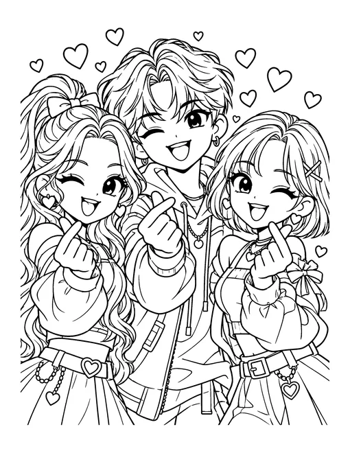 Three idols, seen from the waist up, all make finger hearts toward you, coloring page