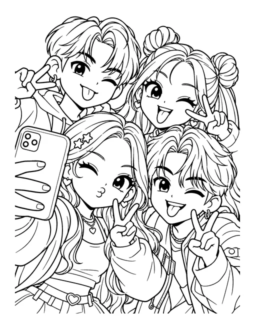 Four idols squeeze into one selfie, pulling faces and making peace signs at the camera, coloring page