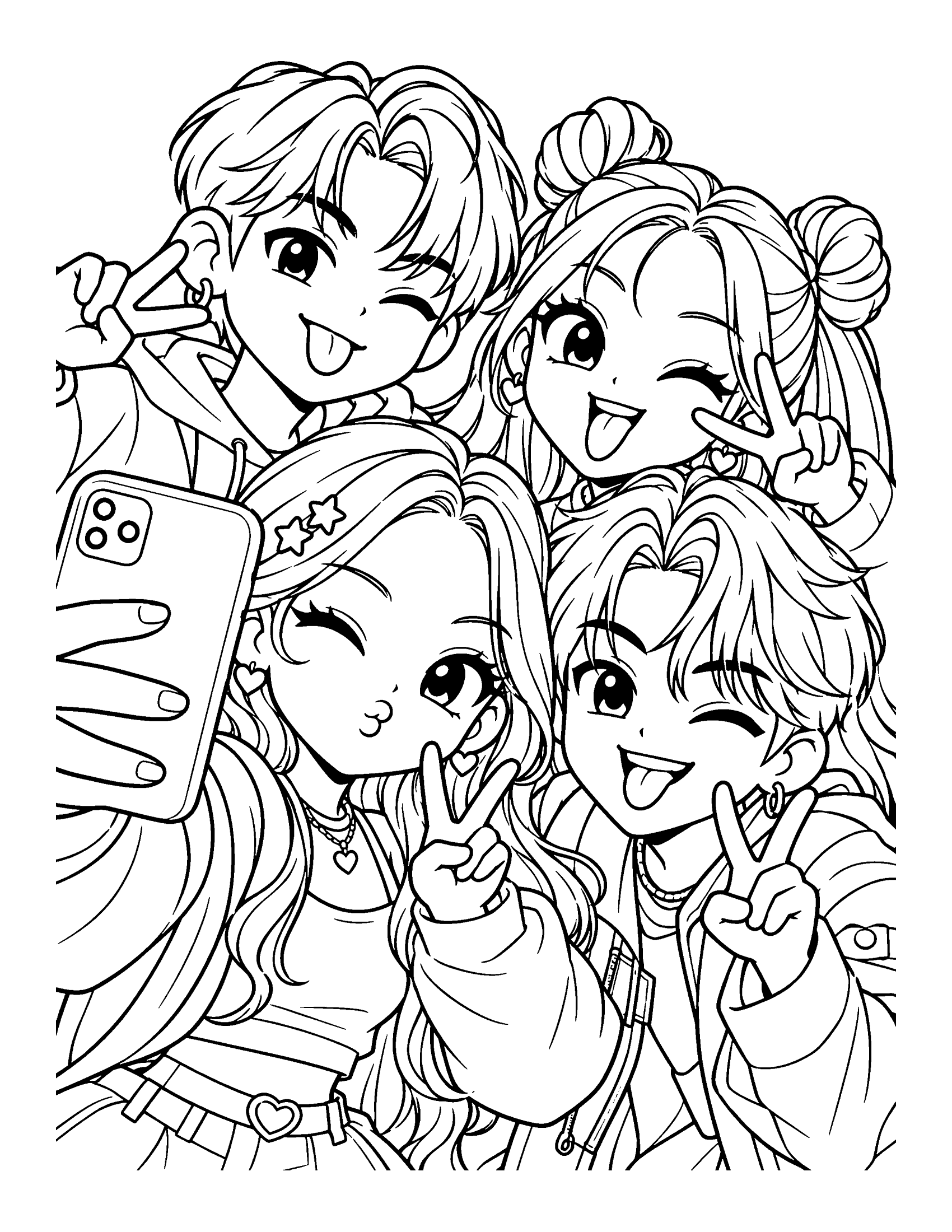 Four idols squeeze into one selfie, pulling faces and making peace signs at the camera, coloring page
