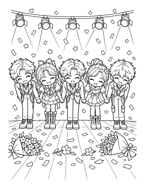 Five group members hold hands in a line and bow at the end of the concert, with flowers on the stage, coloring page