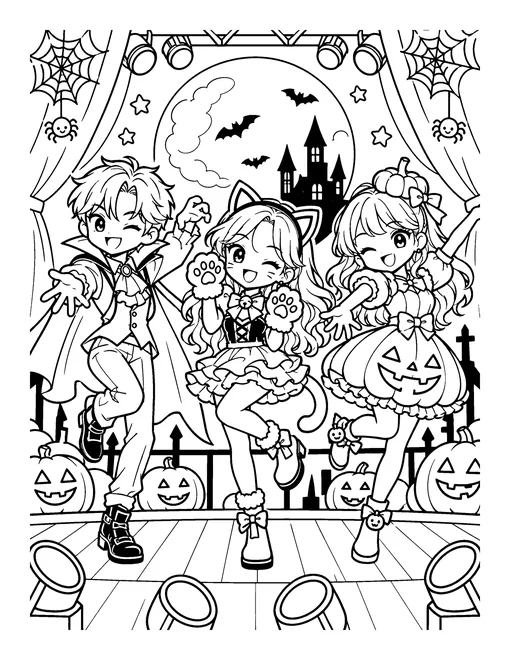 A vampire, a cat and a pumpkin: three idols in costume dance on a Halloween stage under a full moon, coloring page