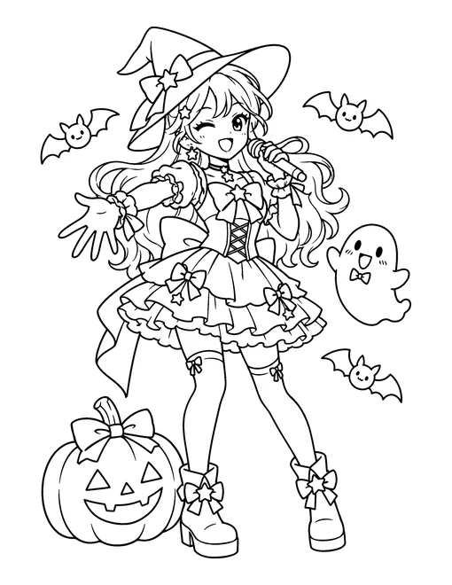 An idol in a witch costume and a pointed hat sings with a jack-o-lantern, bats and a small ghost around her, coloring page