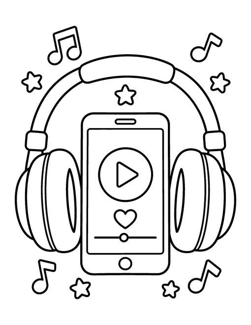 A big pair of star headphones around a phone showing a music player with a heart and a play button, coloring page