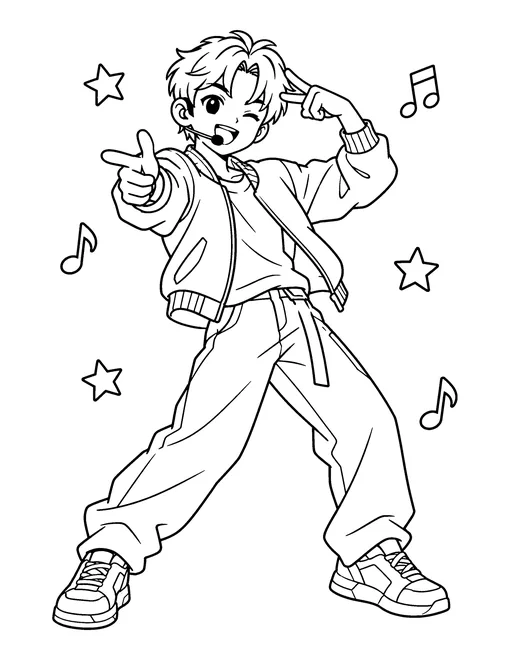 Original cartoon K-pop idol boy in a bomber jacket pointing in a dance pose with a headset microphone, coloring page