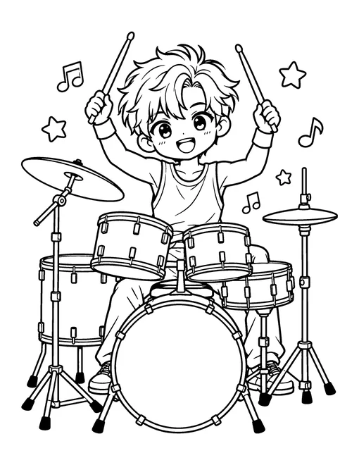 An idol sits behind a drum kit with both drumsticks raised, in a sleeveless shirt and wristbands, coloring page