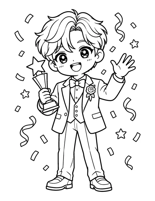 An idol in an awards-show suit with a bow tie holds up a star trophy and waves as confetti falls, coloring page